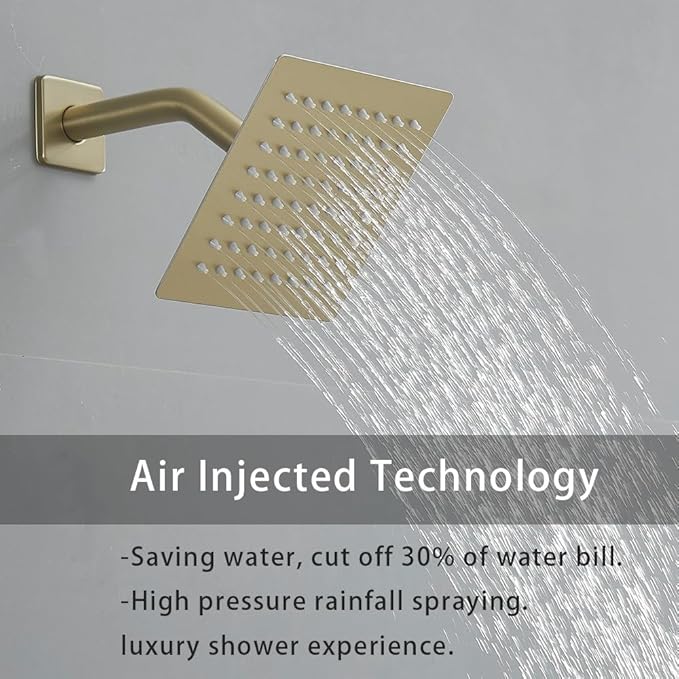 Brushed Gold Shower System 6 Inch Bathroom Luxury Rain Mixer Shower Combo Set Wall Mounted Rainfall Shower Head and Handheld System Shower Faucet Set Rough-in Valve Body and Trim Kit