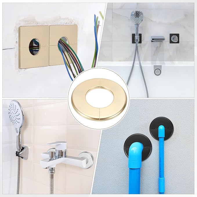 PATIKIL Wall Split Flange 130mm / 5.1" OD, 4 Pcs Round Escutcheon Plate Cover PPR Plumbing Cover Plates with Self-Adhesive Tape for 64mm / 2.5" Dia Water Pipe Faucet, Gold