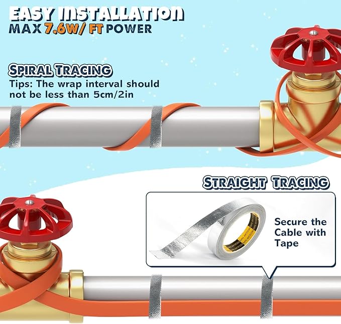 3~100FT Heat Tape for Water Pipes, UL & ETL Certified 35 FT Self-Regulating Pipe Heating Cable with Thermostat for Pipe Freeze Protection, Waterproof Heat Tape for Metal and Plastic Pipes
