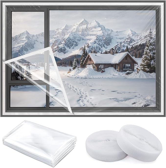 Reusable Window Insulation Kit 87 in x 20 ft Thick 180μm Adjustable Clear Plastic Film with Adhesive Straps Easy to Install & Remove for Winter Energy Saving