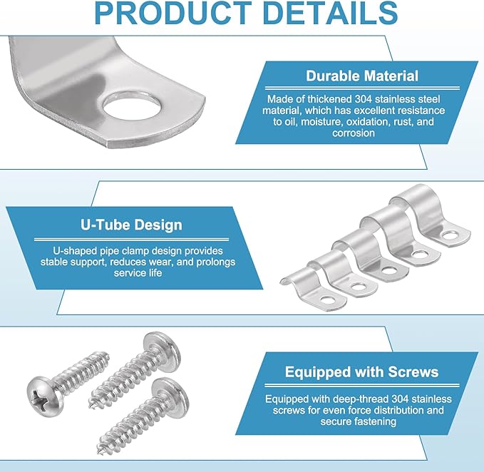 uxcell 24Pcs 10mm(3/8") One Hole Rigid Pipe Strap, 304 Stainless Steel Conduit Clamp Thicken U Bracket Heavy Duty Pipe Clamp with Self-Tapping Screws for Fixing Tube Cable, Silver