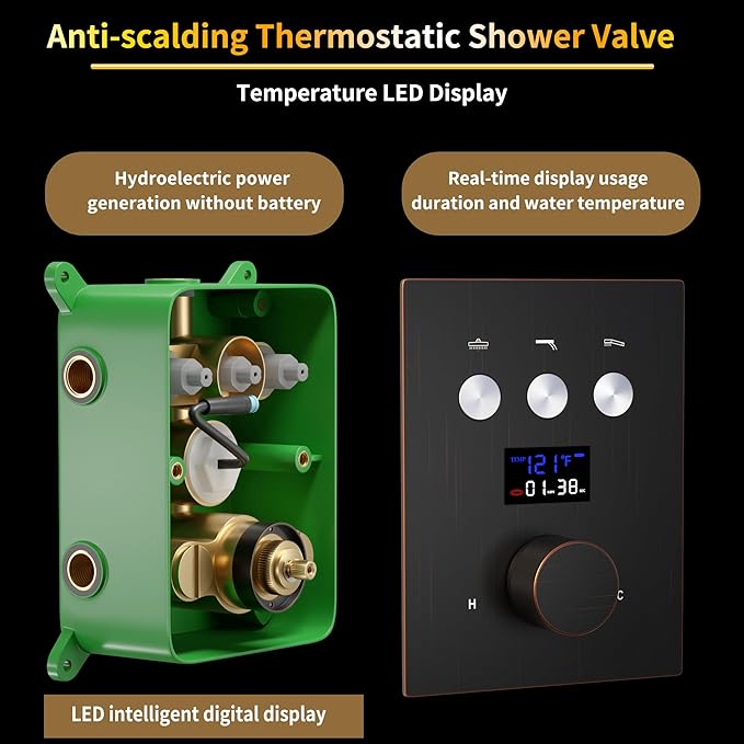 AYIVG Oil Rubbed Bronze Thermostatic MIxing Valve 3 Way Shower Diverter Valve Temperature Display Concealed Shower Flow Control Valve or Bathroom Shower System Can Run Together