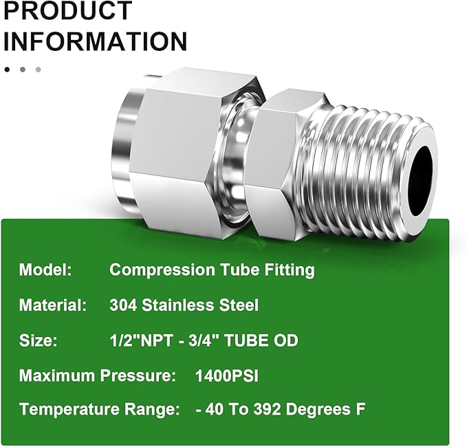TAISHER 1PCS 304 Stainless Steel Compression Tube Pipe Fitting Connector, 3/4" Tube OD x 1/2" NPT Male Straight Adapter