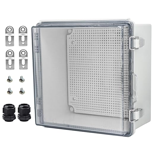 Waterproof Electrical Box with Mounting Plate, IP67 Junction Box Stainless Steel Latch Hinged Clear Cover Project Enclosure with Wall Bracket and 2 Glands 8.3" x 8.3" x 5.1"