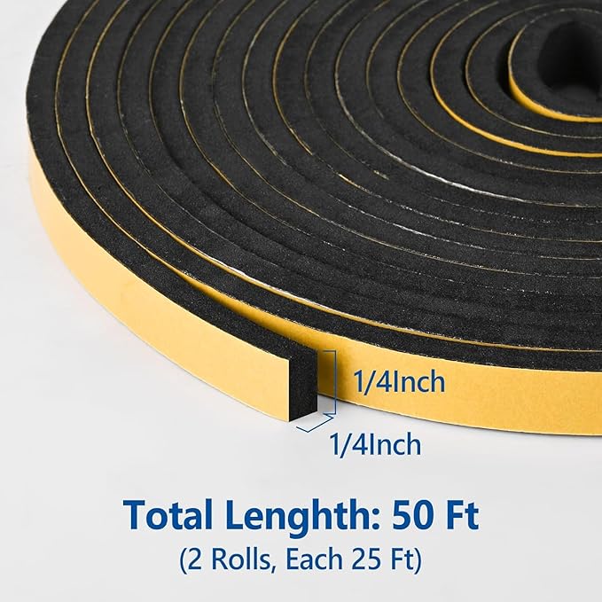 Self Adhesive Foam Tape Weatherstrip 1/4in x 1/4in x 50Ft High Density Foam Insulation Strips Foam Seal Weather Stripping with Strong Adhesive for Door and Window Sound Isolation Soundproofing