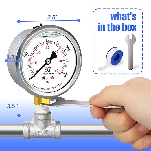 60 PSI Pool Pressure Gauge, 2.5" Dial, 1/4" NPT Lower Mount, Stainless Steel Case, Glycerin-Filled Manometer for Home Water, Air, Oil, Gas Pressure Testing