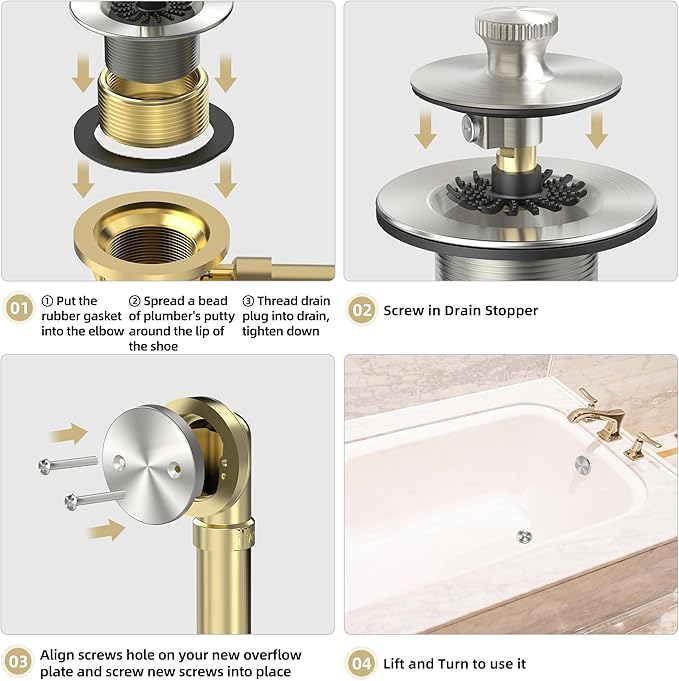 Brushed Nickel Bathtub Drain, Hair Catcher and 2-Hole Overflow Faceplate, 11.5/16 UNC, Lift and Turn Bathtub Drain Replacement, Tub Drain Stopper