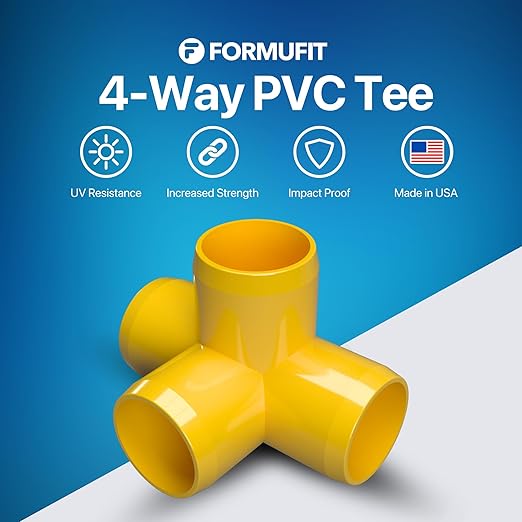 FORMUFIT 1” 4-Way Tee Furniture Grade PVC Fitting in Yellow, Made in USA, UV-Resistant, Impact-Proof, 1.315” Actual Socket Diameter (Pack of 4) - F0014WT-YE-4