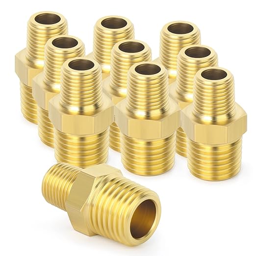 TAISHER 10PCS Brass Pipe Fitting, Reducer Adapter, Hex Nipple, 1/4-Inch Male Pipe x 1/8-Inch Male Pipe