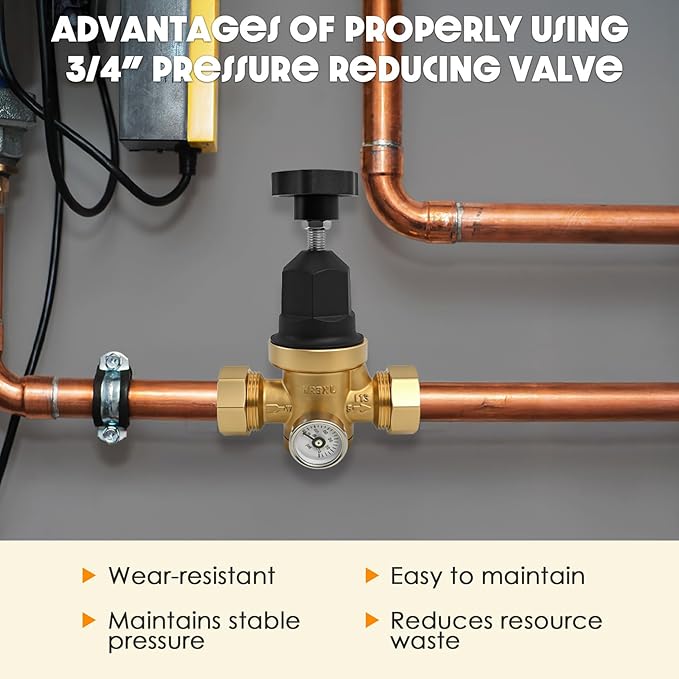 Upgraded 3/4" Water Pressure Regulator, FNPT Double Union, Polymer, Visual Pressure Gauge, 10–70 PSI, Precise Adjustment, One-stop Water Solution, For Residential or Commercial Premises