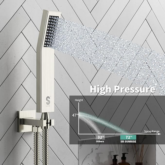 SR SUN RISE 10 Inches All Metal Bathtub Faucet Set Shower System with Tub Spout Square Rain Shower Head and Handheld Combo Shower Fixtures, Modern Valve and Trim Kit, Brushed Nickel