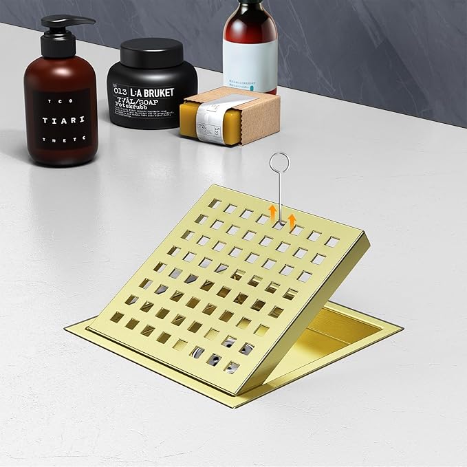 6 Inch Square Shower Floor Drain with Removable Cover Grid Grate, SUS 304 Stainless Steel, Watermark&CUPC Certified, Chrome Finished (Gold, 6 in)