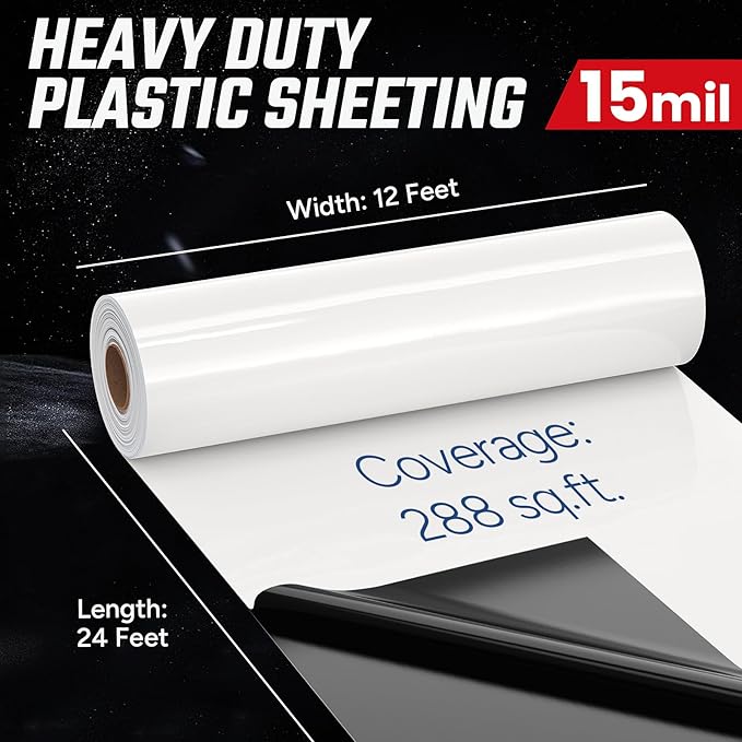 Crawl Space Vapor Barrier - 15 Mil Vapor Barrier - (12' x 24'), Tear Resistant, Heavy Duty Vapor Barrier Plastic, Drop Cloth Moisture Barrier Plastic Sheeting Covering for Crawlspace Encapsulation