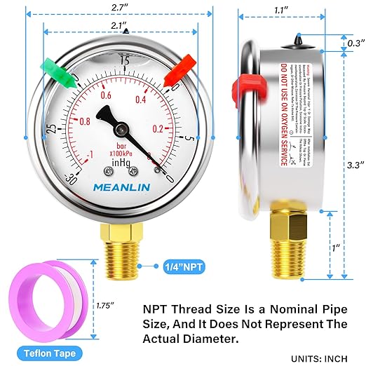 MEANLIN MEASURE -30inHG~0Psi Vacuum Pressure Gauge 1/4" NPT 2.5" FACE DIAL, Stainless Steel Liquid Filled Pressure Gauge WOG Water Oil Air Lower Mount (with 2PCS Snaps)
