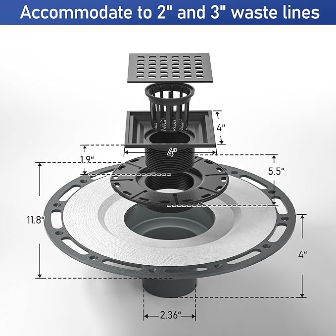 Square Shower Drain, 4" Matte Black 304 Stainless Steel Drain Grate Removable Drain Key with PVC Bonding Flange Base for Low Profile Floor Tiles, CUPC Certified