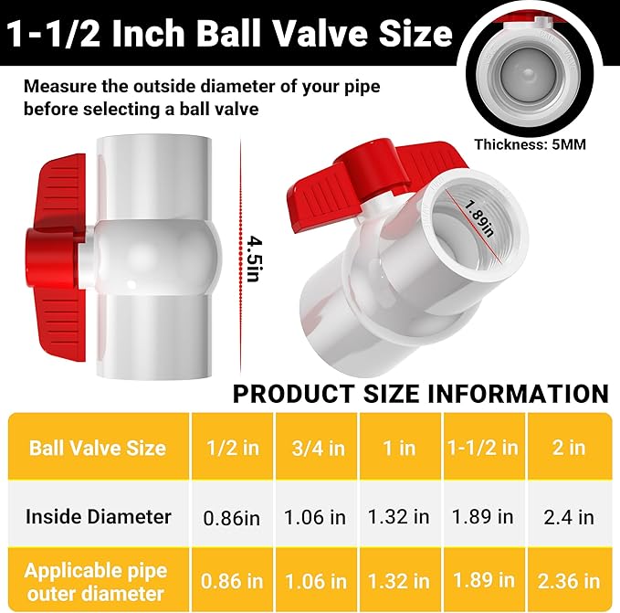 5PCS 1-1/2" PVC Ball Valve Threaded, PVC Water Pipe Valves with Easy Turn Red T-Handle, Shut Off Valves Socket for Swimming Pool, Sprinkler Lines,Sewage Pump, Outdoor Plumbing & Irrigation System