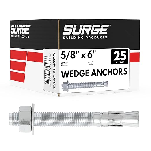 5/8 x 6 Zinc-Plated Wedge Anchors for Concrete and Cement | Heavy-Duty 5/8 Concrete Anchors (Box of 25)