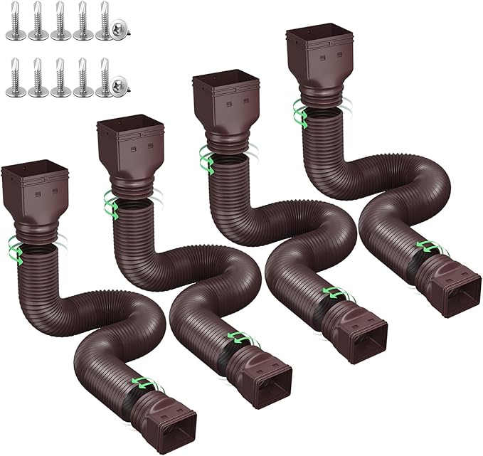 Rain Gutter Downspout Extensions, Downspout Extender for Rainwater Drainage Flexible, Down Spout Drain Extension Pipe and Extendable from 21 to 66 Inches (4 Pack, Brown)