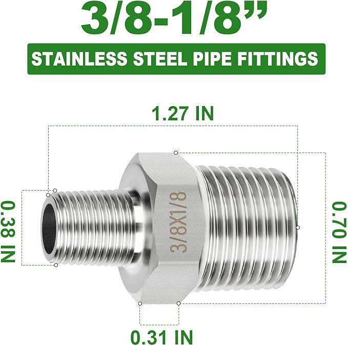 TAISHER 10PCS 304 Stainless Steel New Hex Nipple, 3/8" NPT Male x 1/8" NPT Male, Reducing Pipe Adapter Fitting