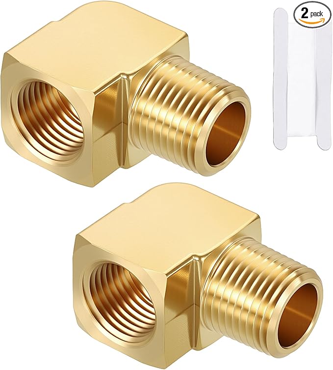 Packs of 2, 90 ° 1/2" FeMale NPT to 1/2" Male NPT Solid Brass Barstock Street Elbow, Forged Pipe Fitting for Pipe Leak Repair, Bathroom Remodeling, Tool Extension, Compression