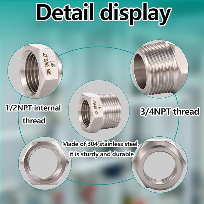 2 Pcs 3/4" Male NPT to 1/2" Female NPT Reducer Hex Bushing，304 Stainless Steel Pipe Fitting Hex Bushing, Heavy Duty Pipe Fitting Reducer Adapter