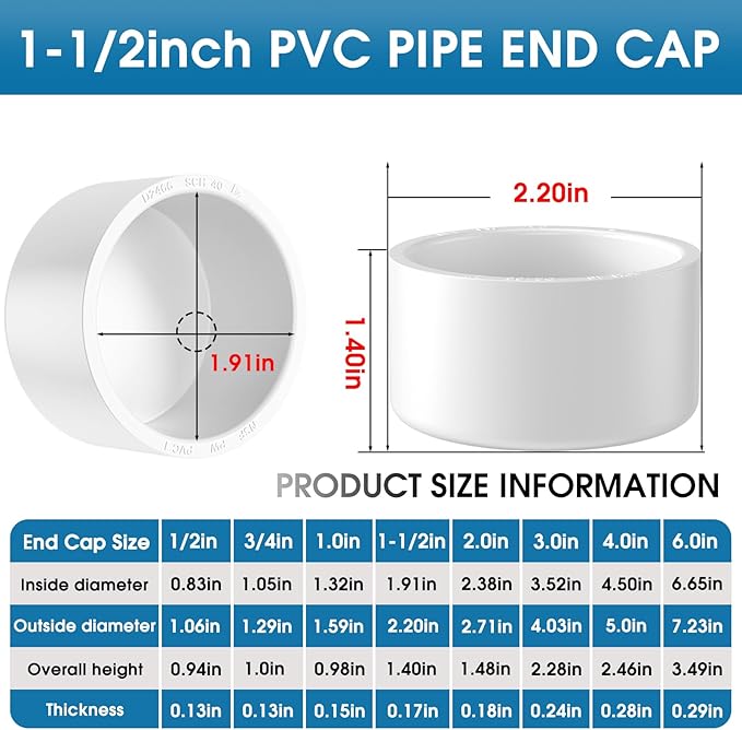 1-1/2" PVC Pipe End Cap Fitting, 12PCS SCH40 Furniture Grade PVC Pipe Plug Adapter, White Pipes Slip End Caps Sockets for Built Furniture DIY Garden Shelf