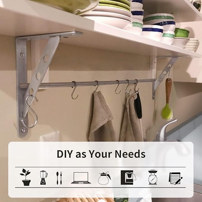 YUMORE Stainless Steel Shelf Bracket 10", Heavy Duty Solid Shelf Support Corner Brace Joint Right Angle Bracket, L Bracket with 2 S Hook, 2 Pack