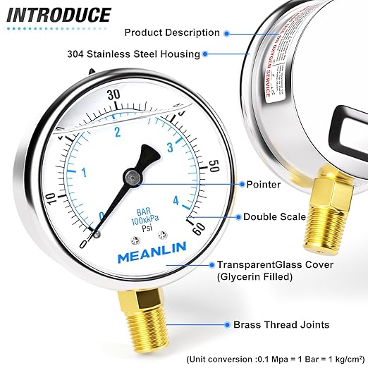 MEANLIN MEASURE 0~60Psi Stainless Steel 1/4" NPT 2.5" FACE DIAL Liquid Filled Pressure Gauge, Pool Sand Filter Pressure Test Lower Mount, with 1/2" NPT and 3/8" NPT Hex Bushing