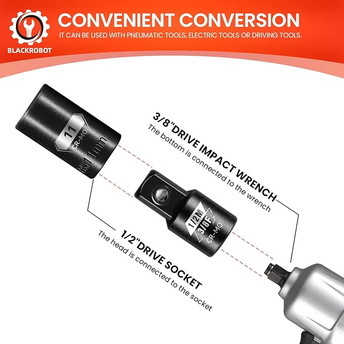BLACKROBOT 2 Piece 3/8”F To 1/2”M Impact Socket Adapter Set,SAE Drive Cr-Mo Steel Exceeds ANSI Standards,Square Drive Reducer for Impact Driver Wrench