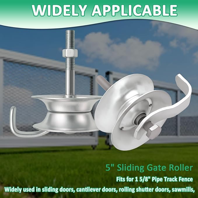 5'' Sliding Gate Rollers for 1-5/8'' Pipe Track, Heavy Duty Galvanized Steel Gate Wheel with Bolts, U Groove Wheel Hardware Replacement kit(2pack)