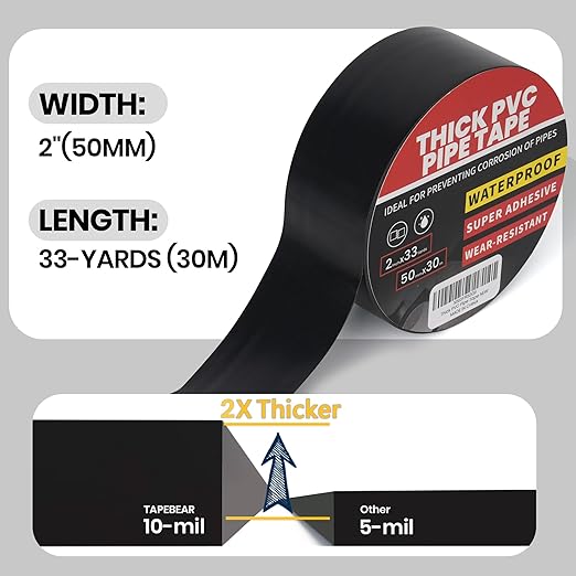 TAPEBEAR Corrosion Protection Pipe Tape, 10mil Pipe Wrap Tape for Drain Pipe, Metal Electrical Outdoor Underground Pipe, Waterproof PVC Black Tape Thicker for Hose Leak Proof, 2Inch x 33Yard, 5 Rolls