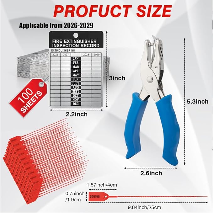 100 Sets 2026–2029 Fire Extinguisher Tags Aluminum Metal Inspection Record Tags 2.2 x 3 Inch with Hole Puncher & Numbered Security Zip Ties for Monthly Fire Extinguisher Inspection Indoor Outdoor