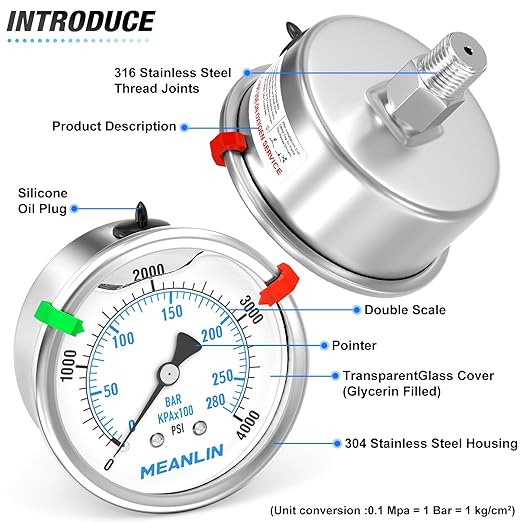 MEANLIN MEASURE 0~4000Psi Stainless Steel Liquid Filled Pressure Gauge 2.5" FACE DIAL 1/4" NPT for WOG Water Oil Air Back Mount with Stainless Steel Hex Bushing and Snaps