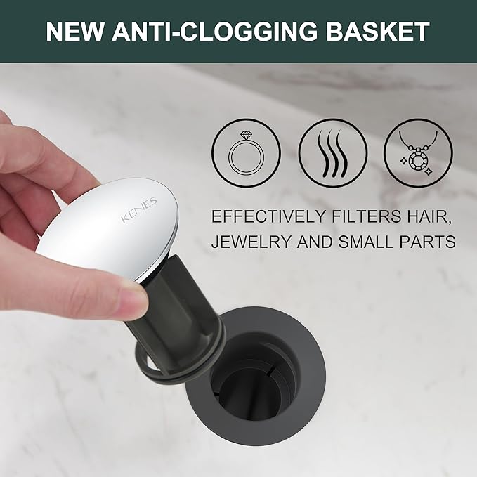 KENES Chrome Bathroom Pop Up Sink Drain with Overflow, Lavatory Bathroom Vanity Sink Drain Stopper, Sink Drain Assembly with Overflow Anti Clog Pop Up Drain