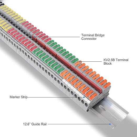 Terminal Block Kit, Rail Type Voltage Terminal, KV2.5B 600V 32A 28-12 AWG Compact Lever Wire Connectors, 12.6” DIN Rail Included, Quick Wiring Connection, DIN Rail Terminal Blocks Kit, Rail Combined