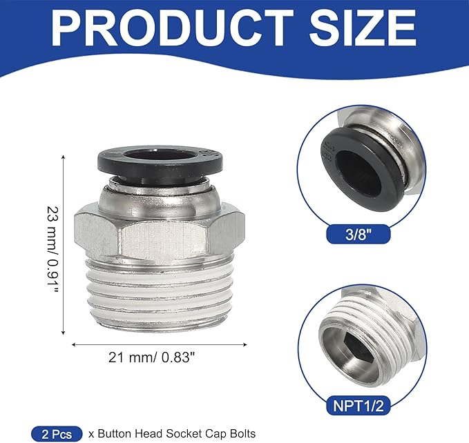 MECCANIXITY 2 Pcs NPT Push to Connect Air Fittings, Male Straight 3/8" Tube OD x 1/2" NPT Thread Air Quick Connector Coupling Adapter for Gas Hose Pneumatic Tools, Black