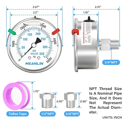 MEANLIN MEASURE 0~5000Psi Stainless Steel Liquid Filled Pressure Gauge 2.5" FACE DIAL 1/4" NPT for WOG Water Oil Air Back Mount with Stainless Steel Hex Bushing and Snaps