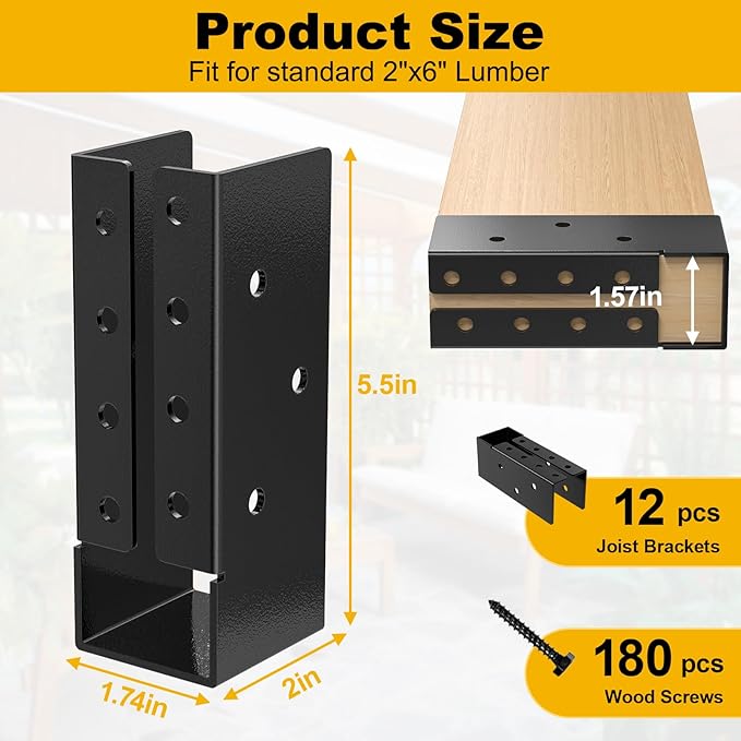 12-Pack 2"x6" Outdoor Concealed-Flange Joist Bracket with Screws - Q235B Steel Powder Coated Mount Light Joist Hangers for Beam, Swing, Handrail, Fence