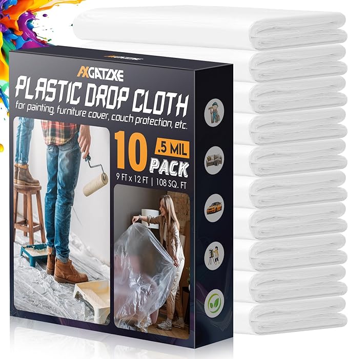 12 x 9 Ft Plastic Drop Cloths (10-Pack) - Disposable Painter's Sheeting & Tarps for Painting, Waterproof Furniture/Couch/Floor Protection