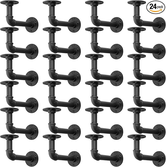 MUZIK Black Shelf Brackets, 24 Pack L Pipe Floating Shelf Bracket, Heavy Duty Wall Mount Supports, Industrial Vintage Iron Finish DIY Pipe Shelving (7*4 Inch)