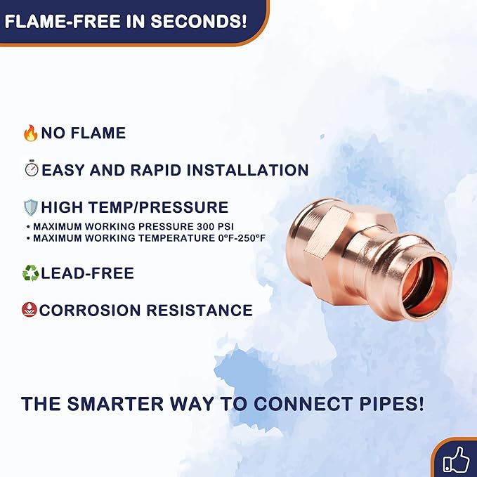 Copper Press Fittings 3/4 inch Female Adapter Pressure Copper Fitting P x FPT Connection for Residential, Commercial 10-Pack