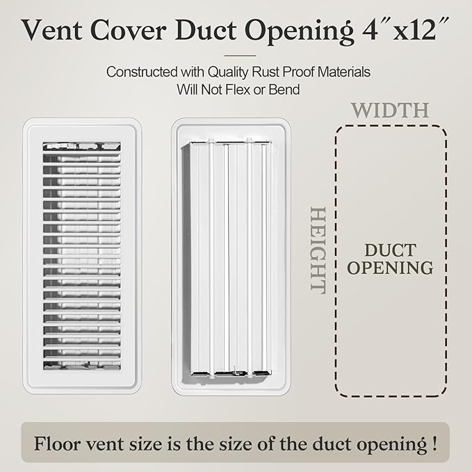 2 PCS Floor Vents Floor Registers 4x12 inch, Heavy Duty Metal Heat Air Vent Covers 4 X 12 with Rust Proof Finish for Home Office Wall Floor Registers Grilles & Vents (2, White, 4x12 Inches)