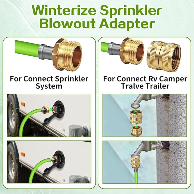 RV Winterizing Kit with Pressure Gauge, 60inch RV Winterize Hose with 3/4" GHT Blow Out Fitting Adaptor & 1/4" Quick Connect Plug, Sprinkler Winterization for RV, Camper, Boat, Travel Trailer, Green