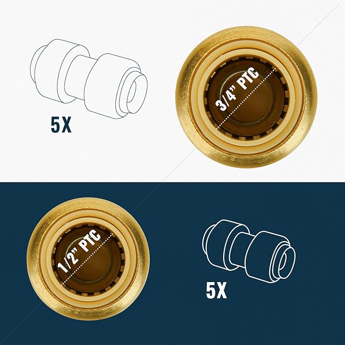 SUNGATOR Push Plumbing Fittings Assortment, 1/2 Inch Coupling (5 PCS), 3/4 Inch Coupling (5 PCS), No Lead Brass Push to Connect Pex Pipe, Copper, CPVC, with 2 Disconnect Clips, Pack of 10