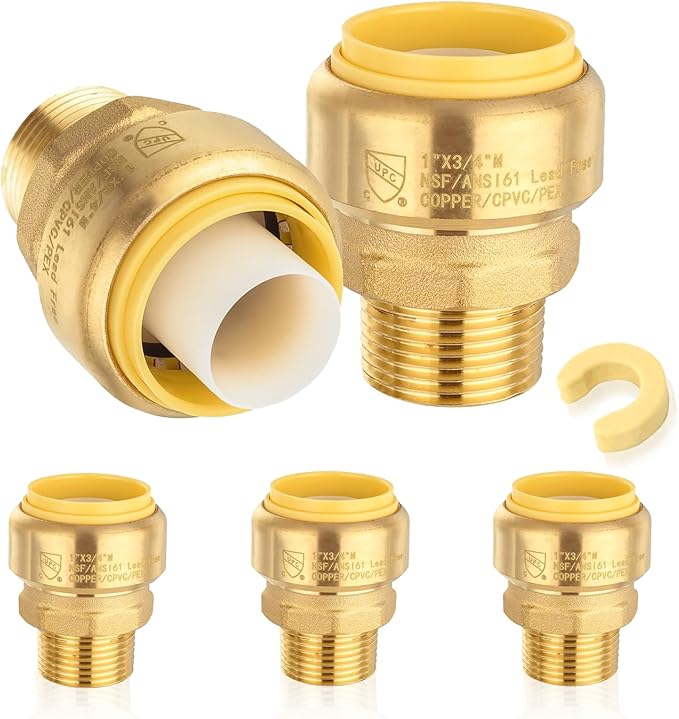 5-Pack HeSun Pushfit Male Adapter, 3/4" MNPT x 1" Push to Connect Plumbing Fittings with Disconnect Clip, Brass Push-fit Fittings for PEX, Copper, CPVC, PE-RT Pipes(PF150-5)