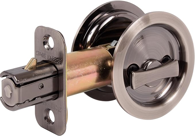 Stone Harbor Hardware Round Pocket Door Lock, Privacy Function, 2-3/8" Backset, Antique Nickel