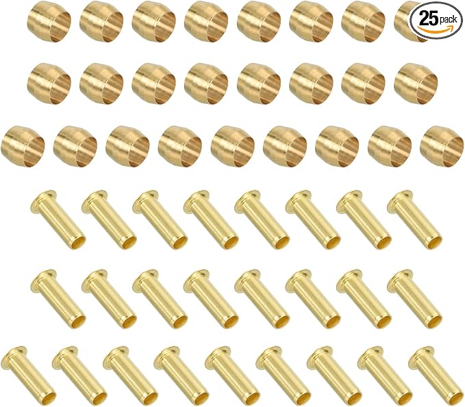 PATIKIL 1/4" Tube ID Compression Assortment Kit, 25 Set Brass Compression Sleeve Ferrule & Insert for Water Oil Air Pipe