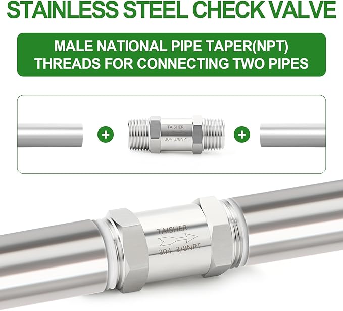 TAISHER 1PCS 304 Stainless Steel 3/8" NPT Male Check Valve,Backflow Prevention,One Way Non-Return Check Valves