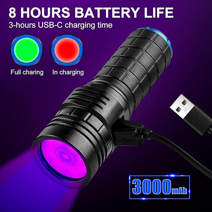 365nm Black Light Flashlight with Black Filter, High Power Rechargeable UV Flashlight, Ultraviolet Bright UV Led Torch for Pet Urine & Bed Bug Detector, Scorpions, Dry Stains, Rock Hunting