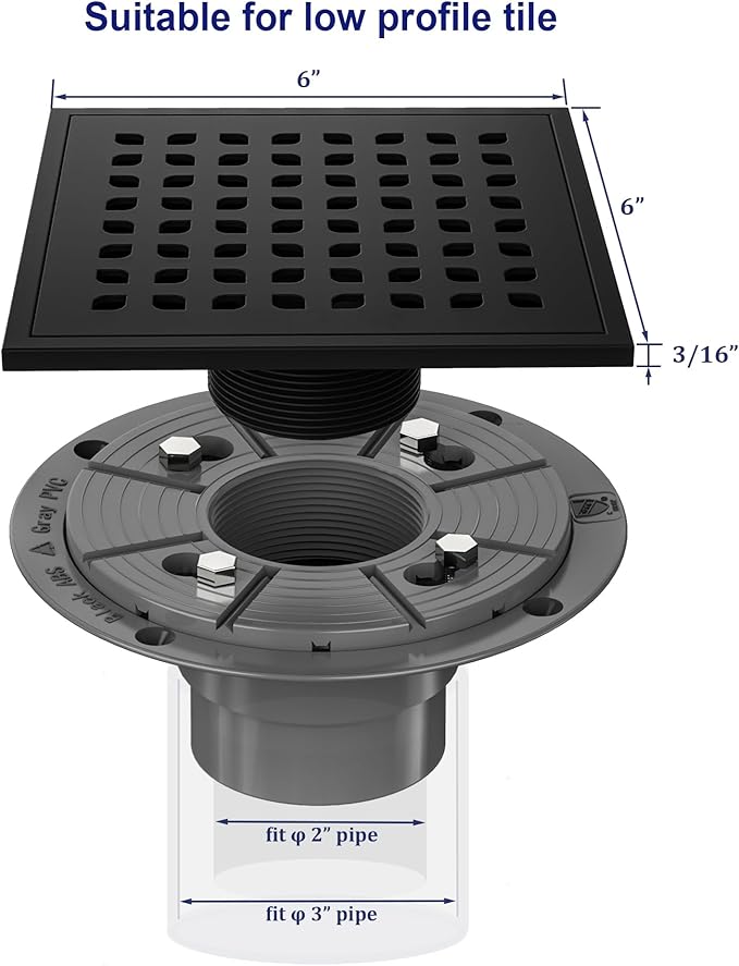 Neodrain Square Shower Drain,6 inch Black Stainless Steel 304 Grate and PVC Drain Body, Grate with Kit Includes Hair Trap/Strainer,Lifting Hook and PVC Drain Base